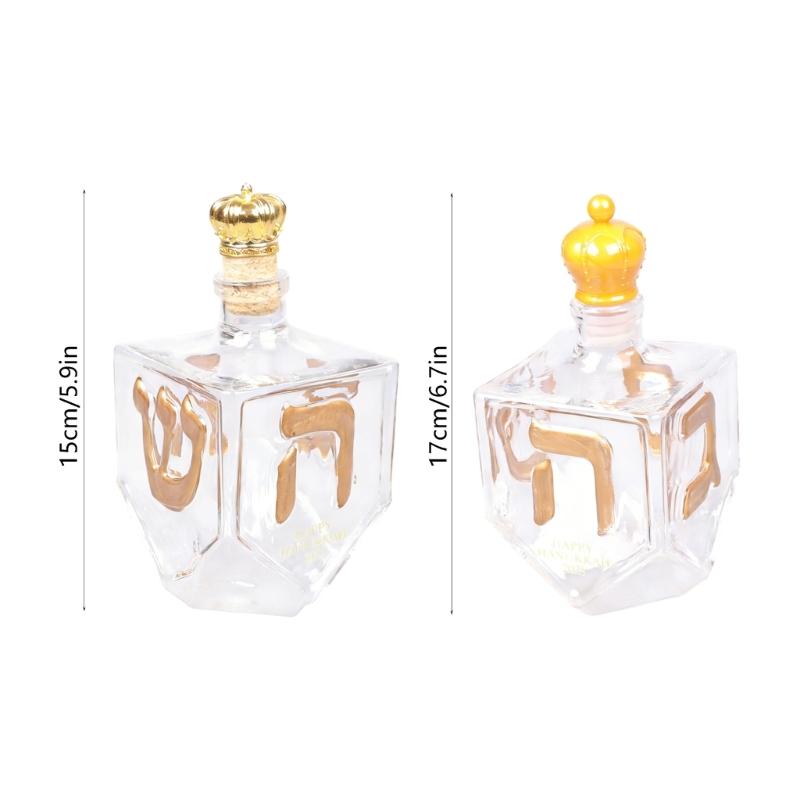 Artistic Glass Whiskeys Decanter with Gold Hebrew Letter Liquor Bottle with Hanukkah Themed Accent Centerpiece