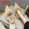 Aphixta Warm Real Rabbit Hair Slippers Women Shoes Winter Pointed Toe Luxury Real Fur Square Heel Lady Mujer Indoor Slides