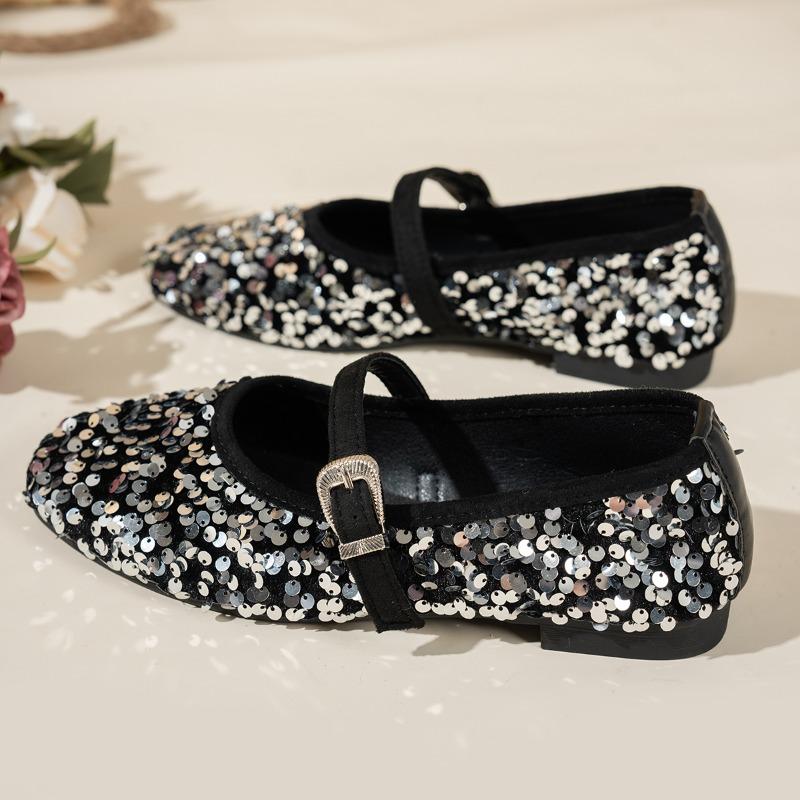 Fashion Sequin Cloth Sole and Heel Single Shoes Fall New Round Toe Shallow Mouth One-band Soft Sole Non-slip Low-top Shoes