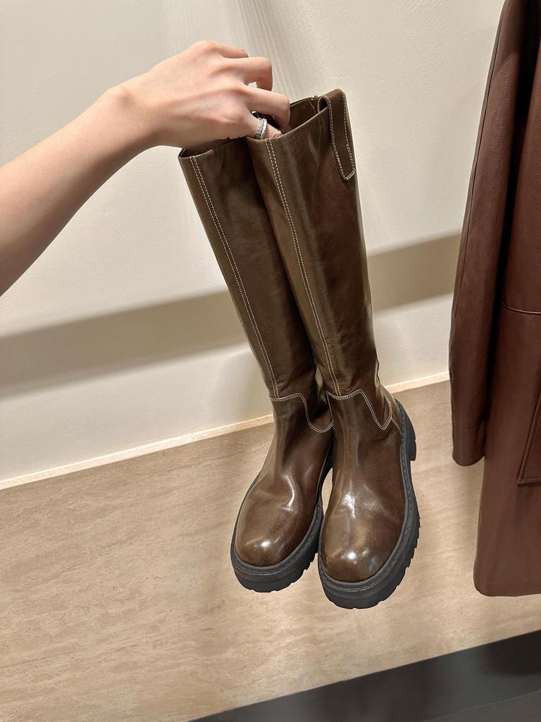 Introducing: Quick-Delivery Mom-Style Grape Boots – Wrinkled Horsehide, Round Toe, Thick Sole, Chunky Heel, Slimming Mid-Calf Knight Boots for Women.