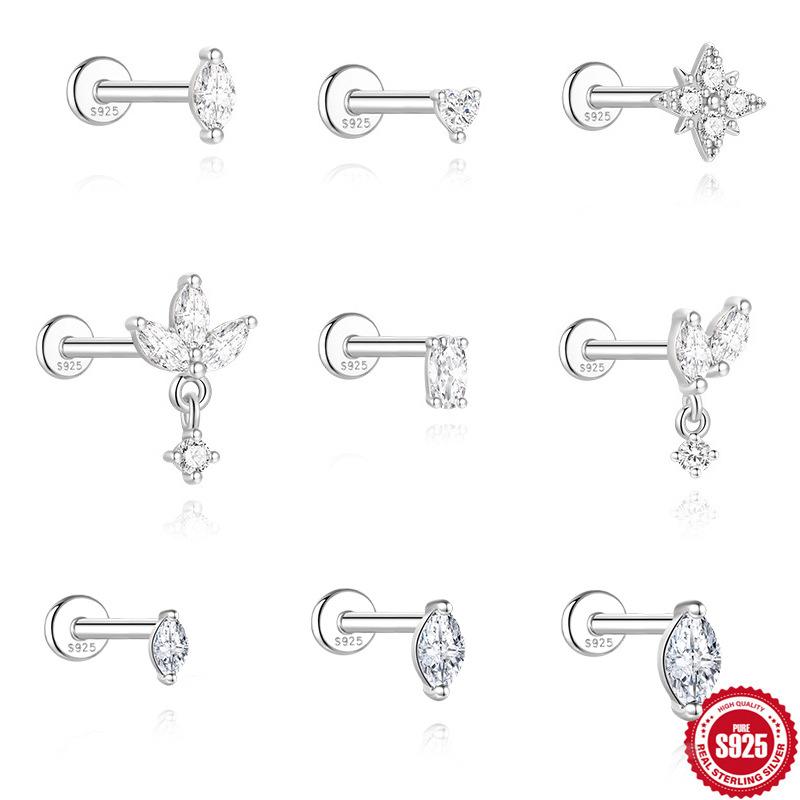Simple Petal Moissanite S925 Silver Thread Cartilage Earring 16G Helix Stud Fashion