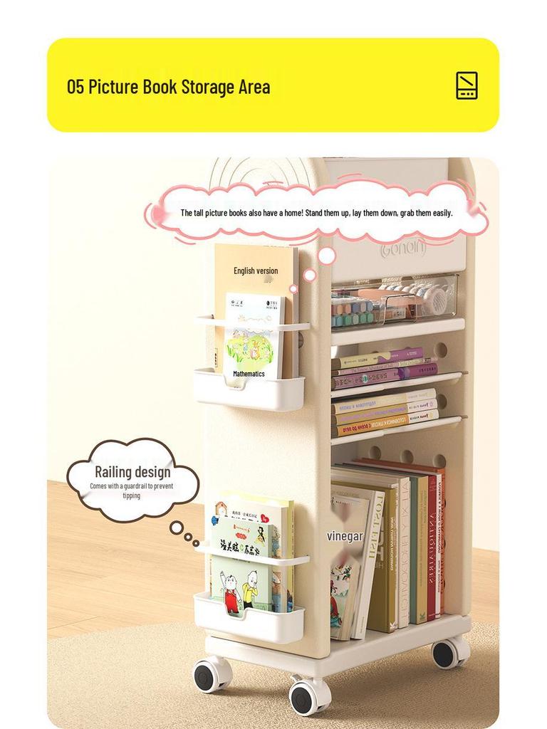 Fünfstöckiges Kinderbücherregal & Mobiles Aufbewahrungsregal, Mehrstöckiges Bücherregal & Rollwagen für Rucksäcke