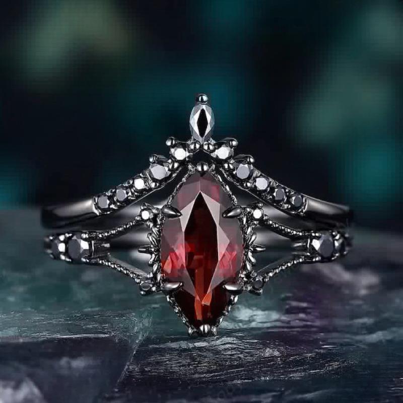 

New dark red zircon jewelry, lava retro horse eye gun black ring woman 7