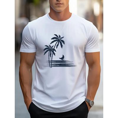 European Sizes Men'S Lightweight Summer T-Shirt with Palm Tree Design, Short Sleeves, Regular Fit, Ideal for Casual Summer Outfits, Comfortable Fabric