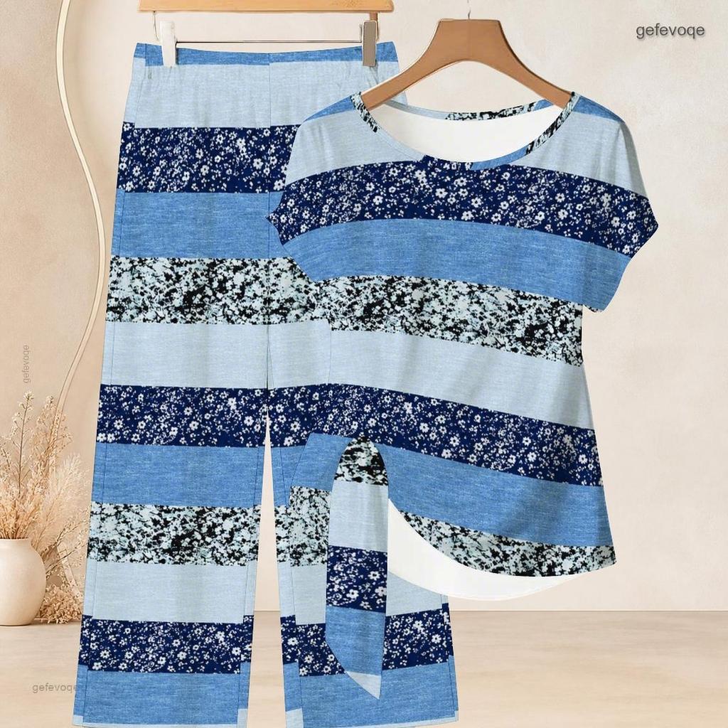 Women Plus Size Two Piece Pants Set Round Neck Short Sleeve Striped Printed Knot Hem Top Long Pants