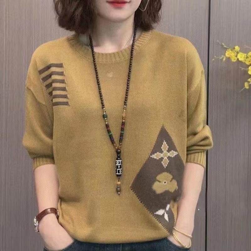 

Приталений трикотажний светр з круглим вирізом Жіночий Весна Осінь Вільний Універсальний Мамин одяг Жакардовий Топ з довгим рукавом One Size жовтий