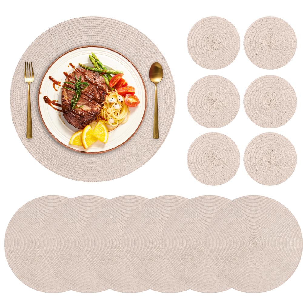 Sets 6 Woven Table Placemats and Coaster 34CM Round Cotton Dinner Table Mats Anti Slip Heat Resistant Easy Clean Place Mats