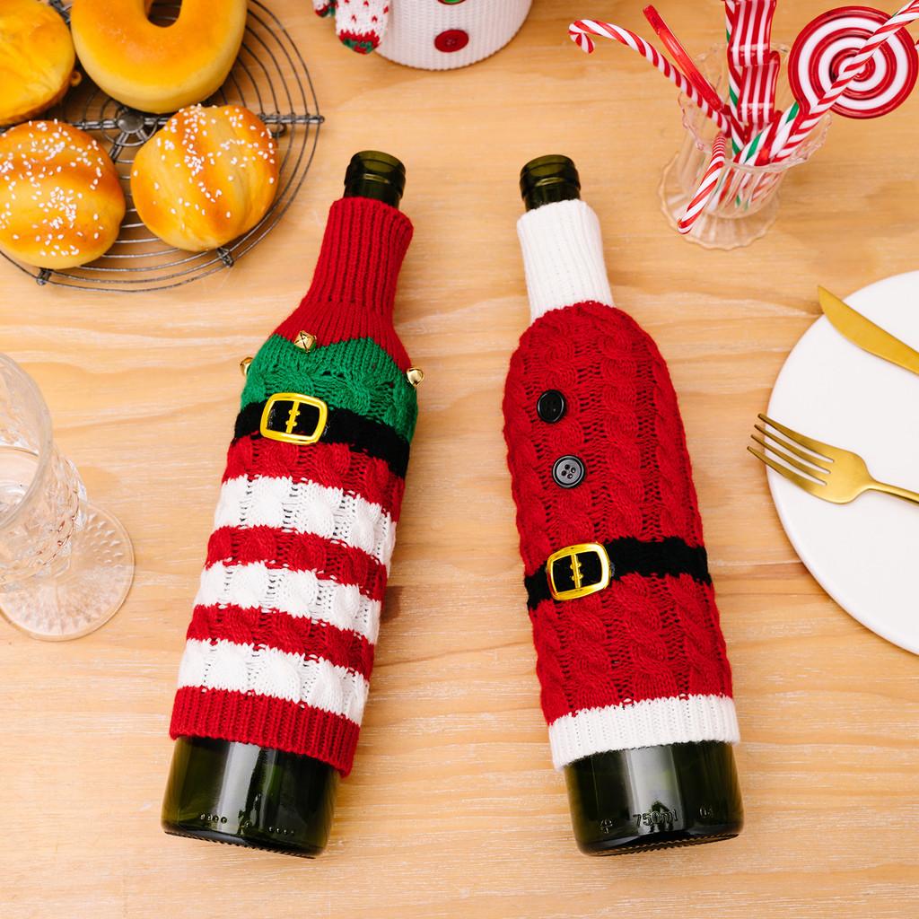 Cozy Knit Red Wine Bottle Sleeve With Striped Elf Design For Christmas Celebration