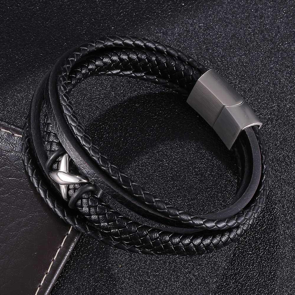 Trendy European American Multi-layer Woven Leather Bracelet with Stainless Steel Magnetic Buckle