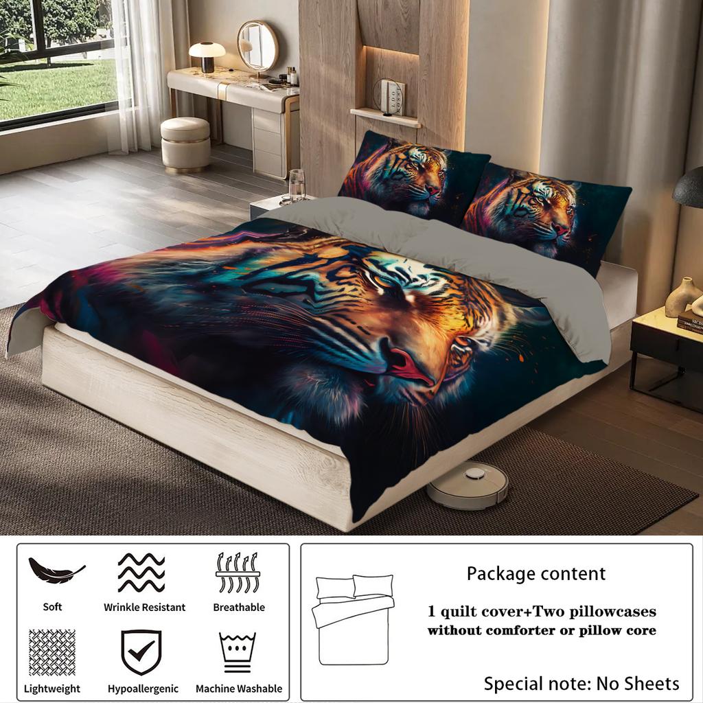 Three-Piece Set (1 Duvet Cover + 2 Pillowcases Coreless) Cool Tiger Printed Bedding Set Multiple Sizes For All Rooms