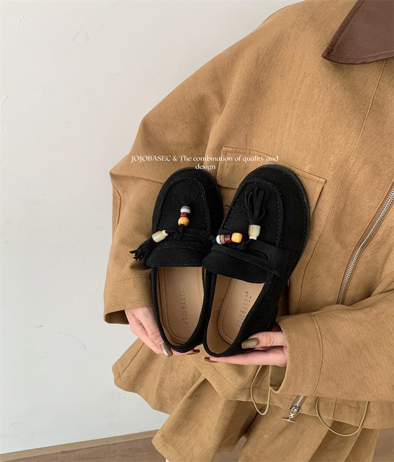 Boken Shoes Women's 2025 Autumn New Soft-soled Suede One-pedal Loafers Beaded Tassel Fashion Versatile Single Shoes