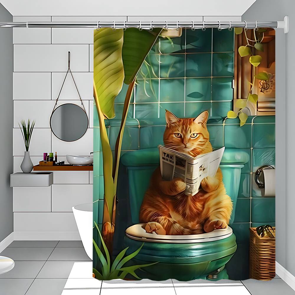 Bathroom Cat Reading On Toilet Shower Curtain - Water-Repellent And Leak-Resistant, Mold And Mildew Resistant For