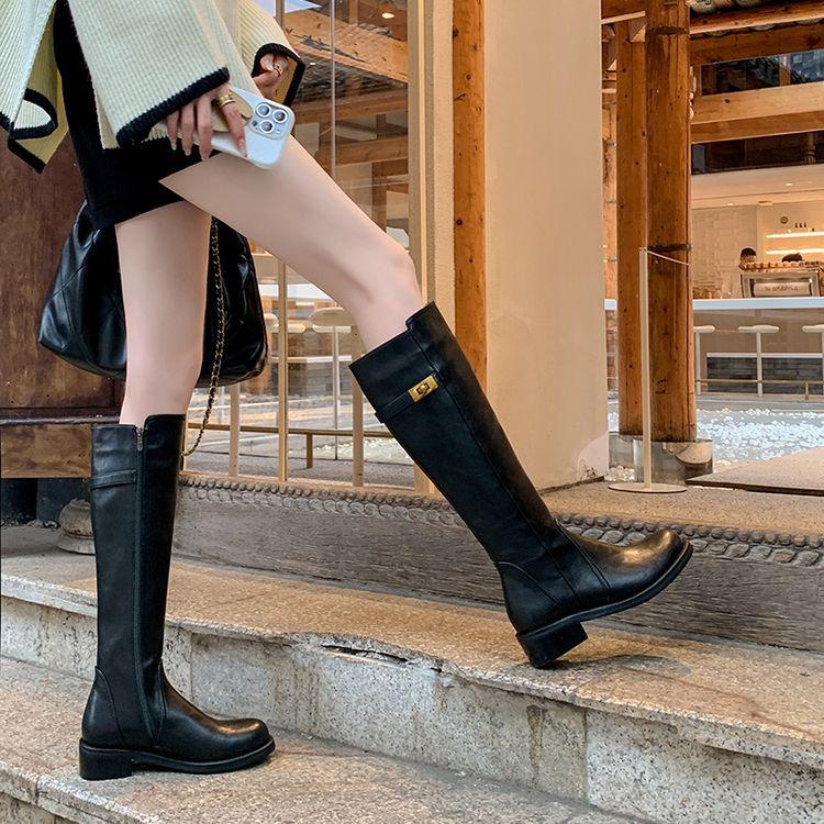 Full av aura~ Lock ridestøvler dame 2025 høst og vinter nye tykk hæl høye støvler rund tå men knehøye støvler