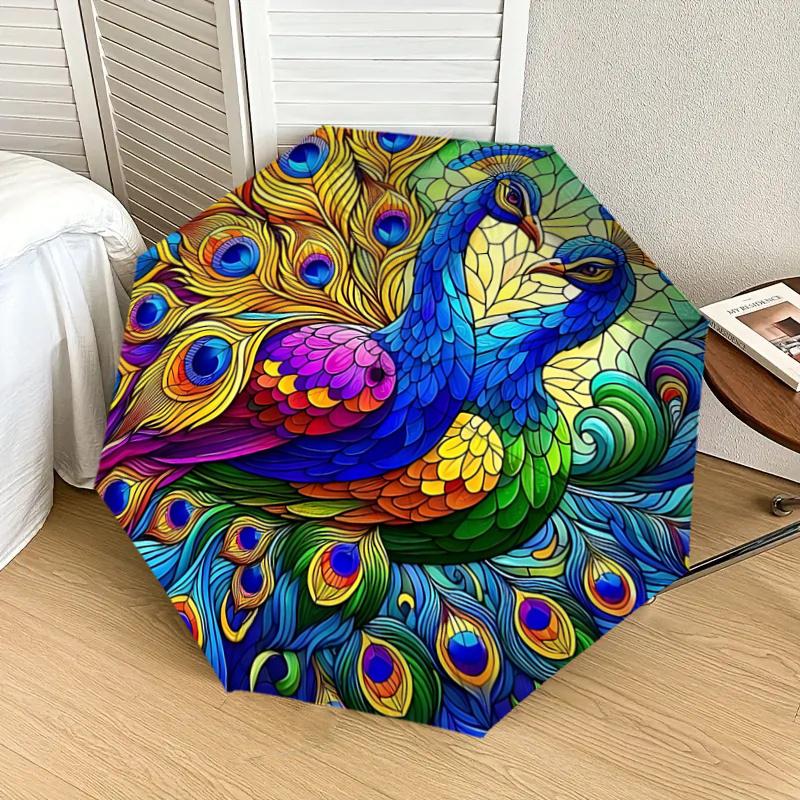 Colorful Peacock Feather Design Automatic Opening/Closing Umbrella with Convenient Three-Fold Design, 8-Bone Iron Frame Outdoor Umbrella, Pe