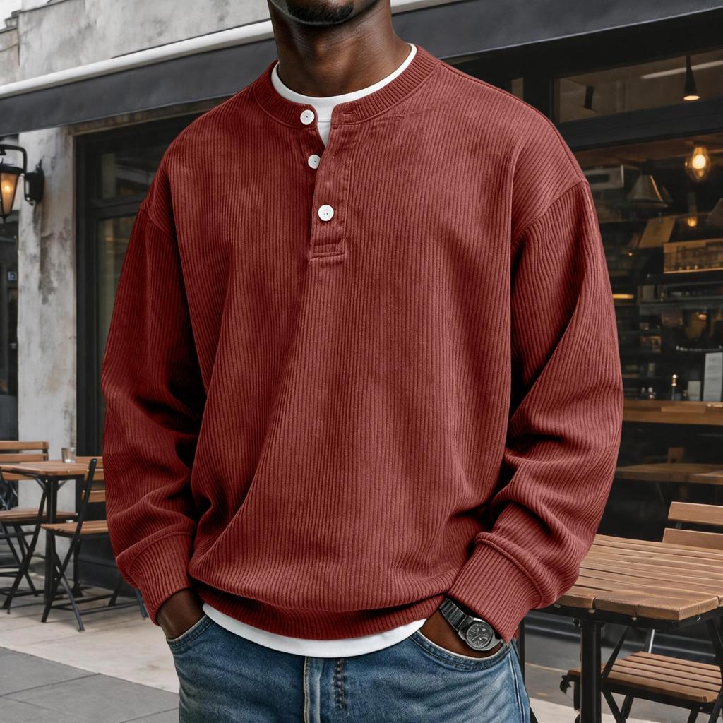 Felpa da uomo casual in velluto a coste con scollo, manica lunga, top pullover a vestibilità larga rétro con abbottonatura, per l'uso quotidiano