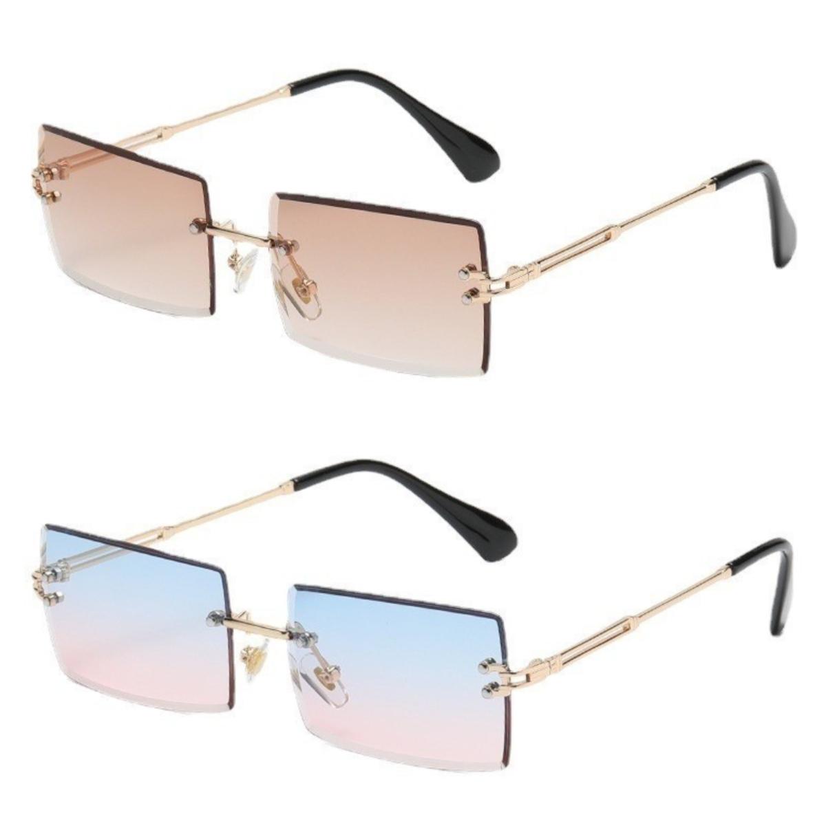 2pcs Sunglasses For Female Stylish Rimless Beach Gradient Sunglasses Original Rectangle Eyeglasses UV400 Glasses