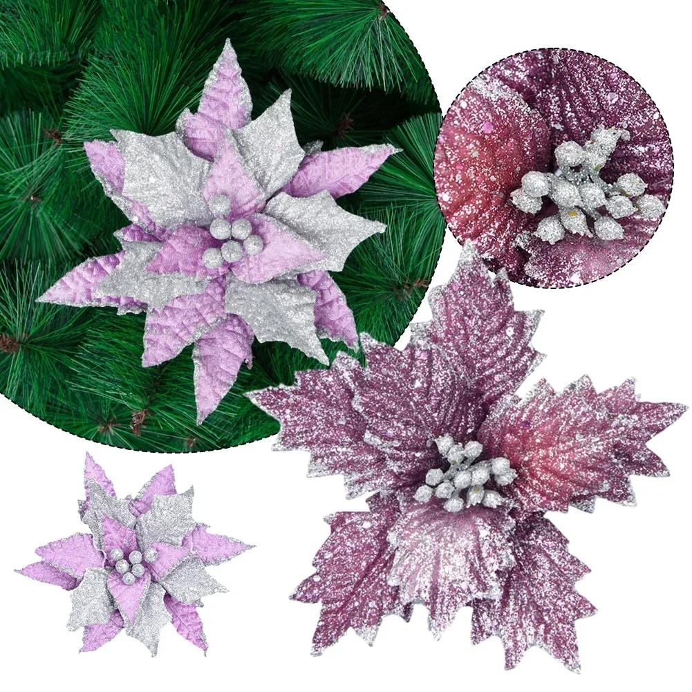 19cm Christmas Fabric Simulation Poinsettia Glitter Flower Hanging Drop Ornaments Xmas Tree Pendant Decoration Party Home Decor