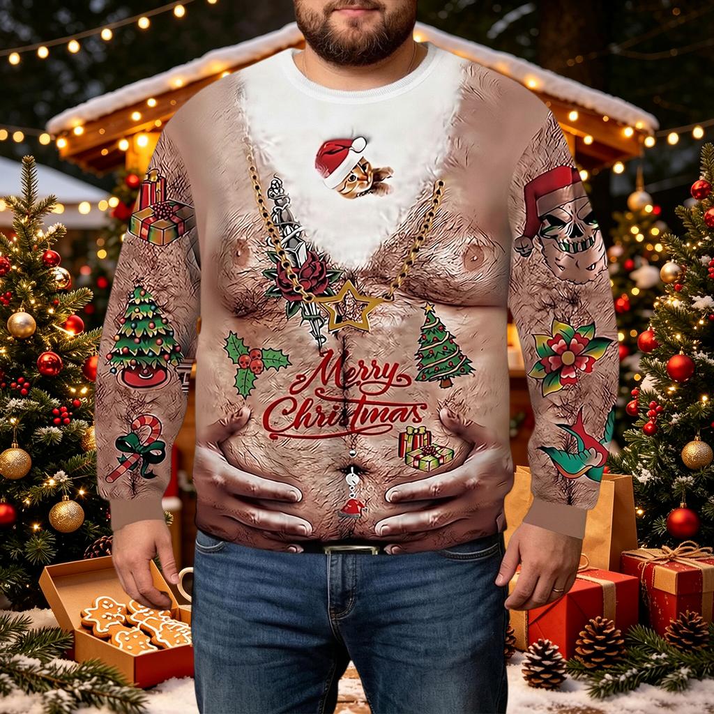 Men's Corduroy Long Sleeve Neck Christmas Print Pullover Top