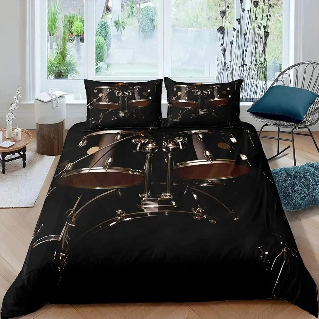Drum Kit Duvet Cover Set,Hip Hop Bedding Set Queen Size,Rock Music Gold Flame Comforter Cover Musical Instrument Quilt Cover Set