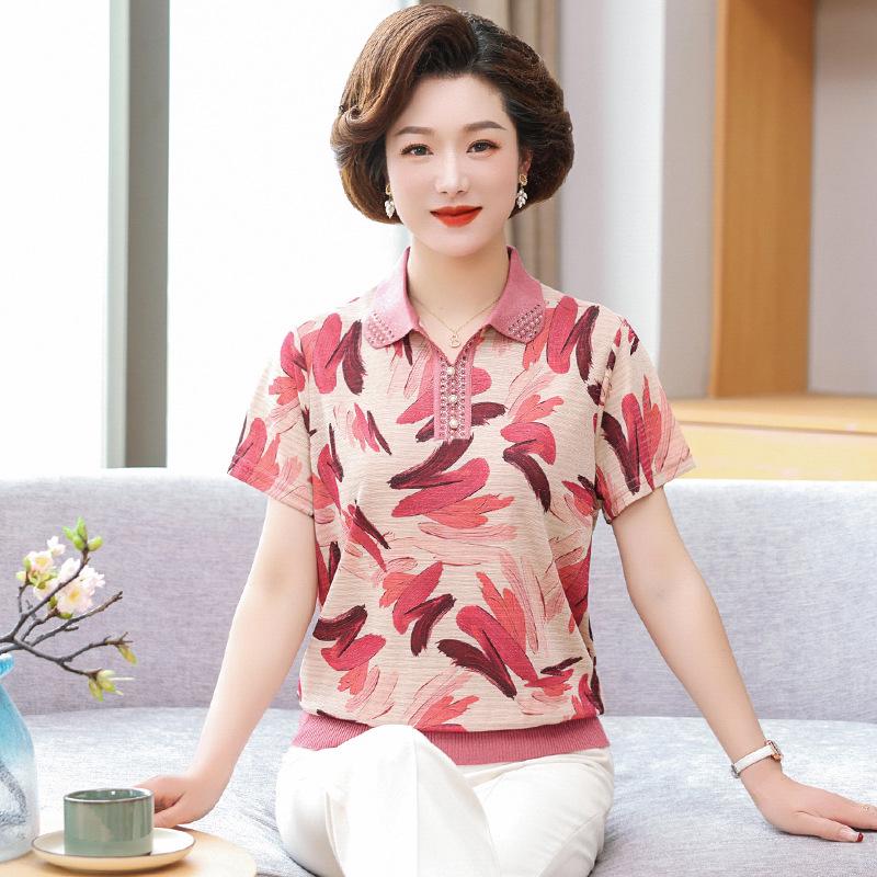 

Elegant Ice Silk Chiffon T-Shirt for Middle-Aged Women - Summer Short Sleeve 2026 Collection 2XL (Recommended for 110-120 jin) рожевий