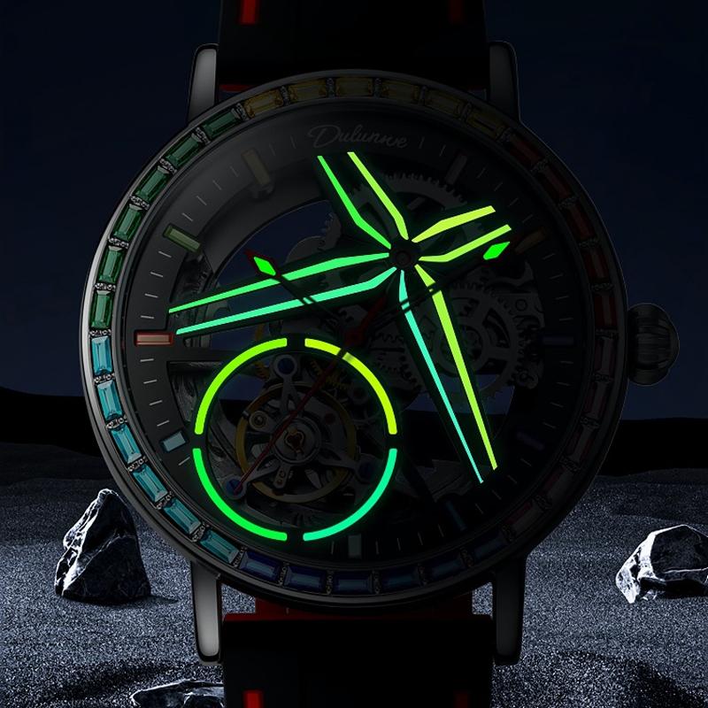 Dulunwe Regenbogenfarbene Edelstein-Tourbillon-Mode-Skelettuhr für Herren, wasserdicht bis 30 m, Sportuhren, luxuriöse automatische mechanische Armbanduhr