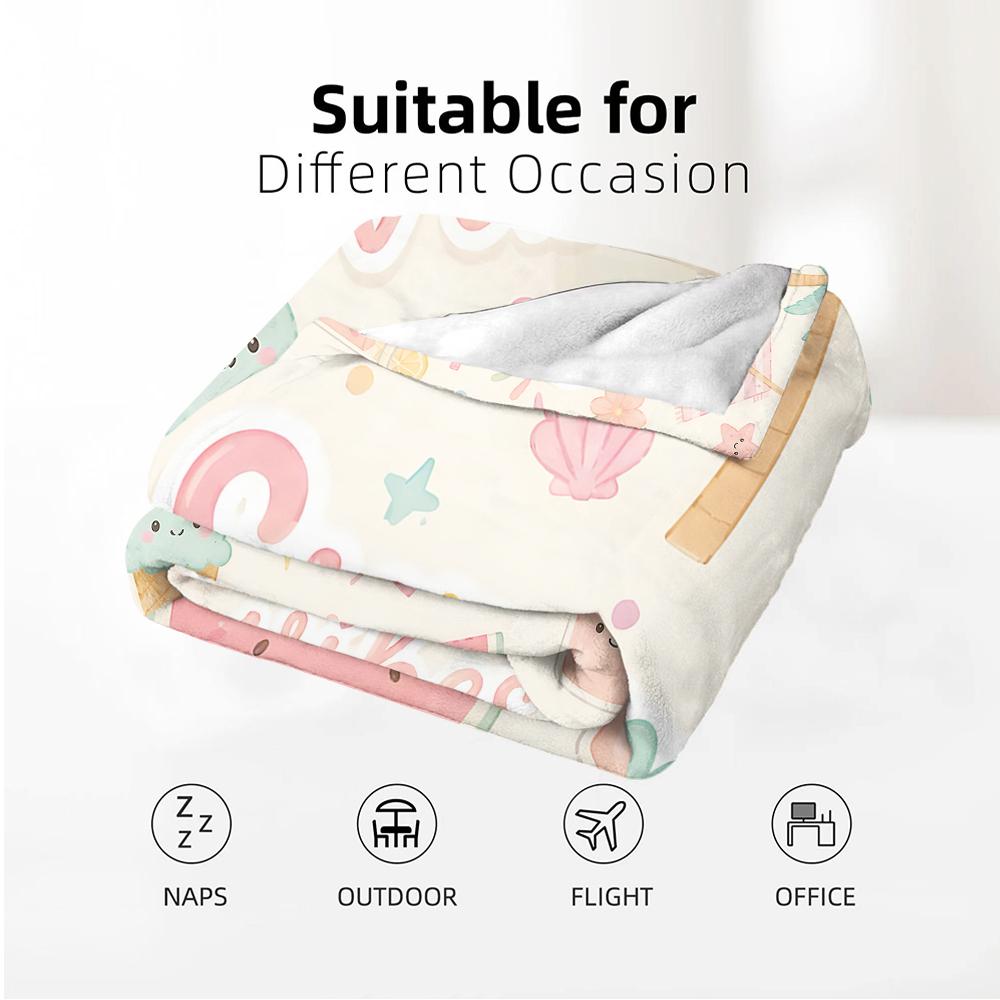 Cute Summer Beach Sticker Soft Flannel Blanket Breathable Warm Throw for Office Car Sofa Kids Room Birthday Xmas Gift