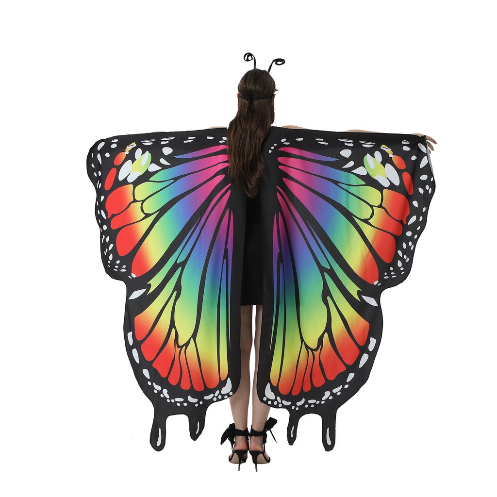 Halloween Costume for Adult Women Butterfly Wing Fairy Shawl with Antenna Headband Soft Lace Mask Cosplay Dress Up