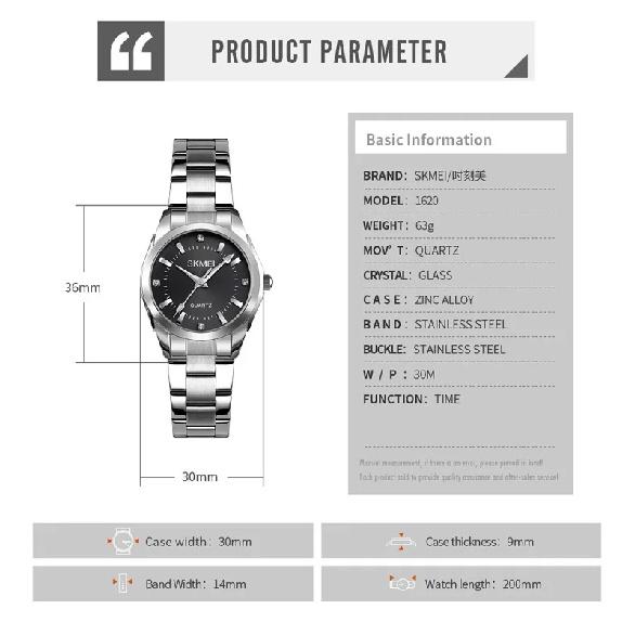 SKMEI 1620 Luxury Stainless Steel Quartz WristWatch for Women Waterproof Elegant Dress Watch Beautiful Gift Straps Unique