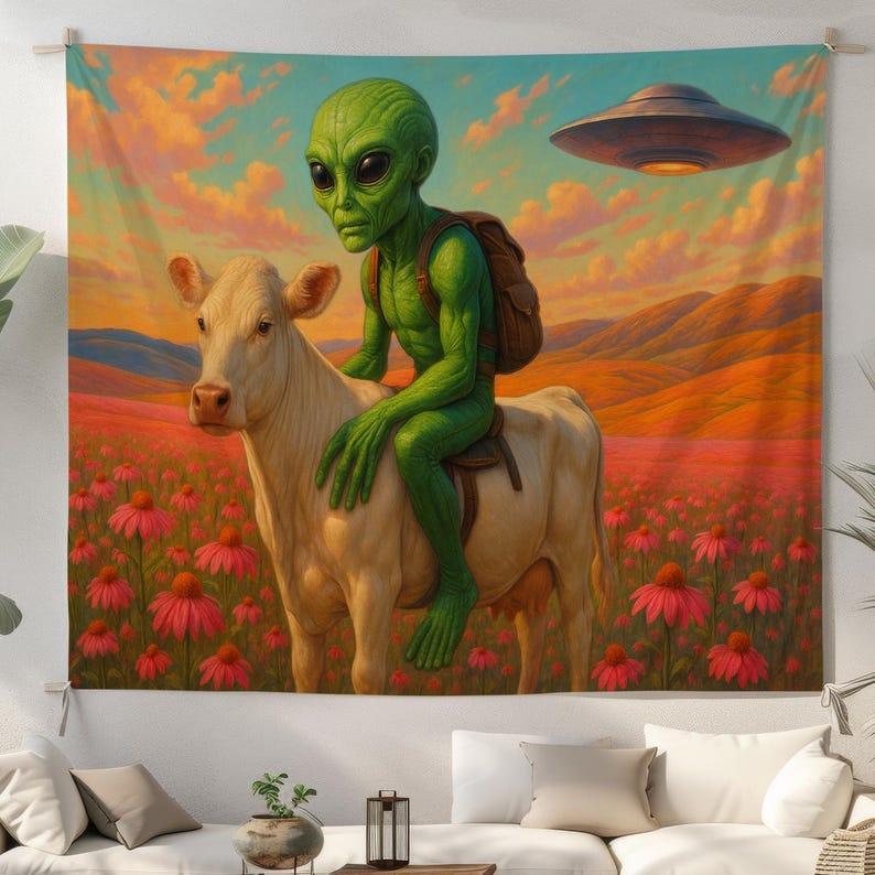Alien riding a bull tapestry 75x100 чёрный