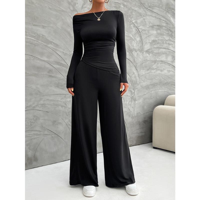 Autumn and Winter Women's Clothing Y2K Slim Long Sleeve Top Wide-leg Trousers Set