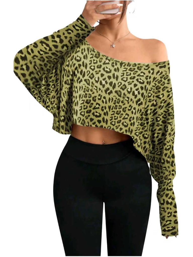 2026 Leopard Print Off-shoulder Cropped Long-Sleeve Top for Women