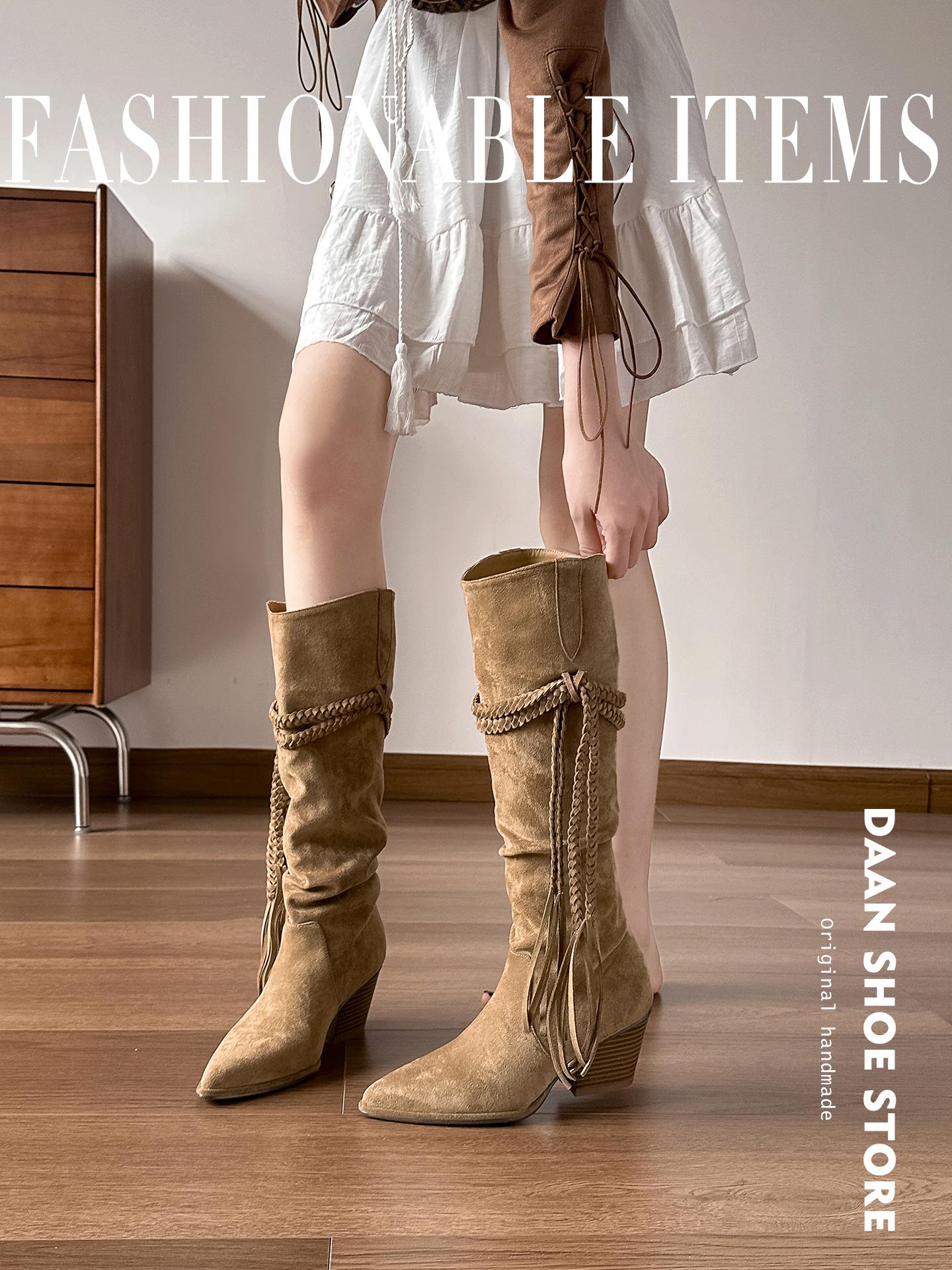 

Кожаная версия! Ретро ковбойские сапоги вестерн пустошь бахрома тонкие рыцарские сапоги острый носок толстый каблук сапоги на наборном каблуке 40 коричневый