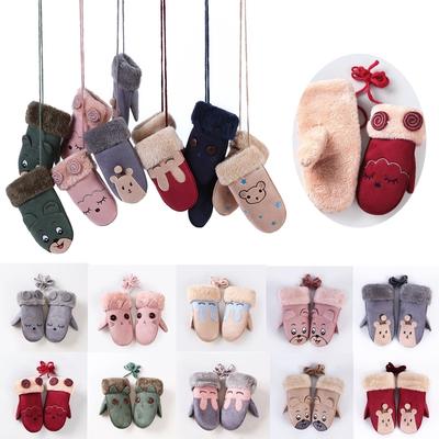 1 Pair Unisex Mittens Thickened Full Finger Winter Warm Kids Gloves Faux Suede Cartoon Animal