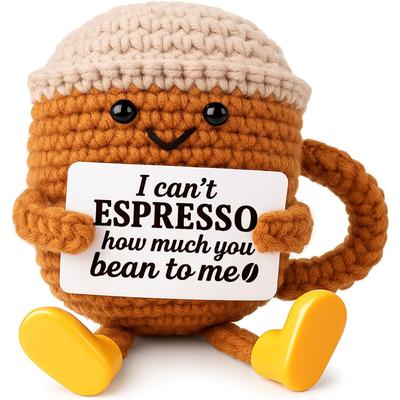 Lustiger handgewebter positive Energie Kaffeetassenhalter Emotionale Heimzimmerdekoration Plüsch Strickpuppe Geburtstags-Weihnachtsgeschenk