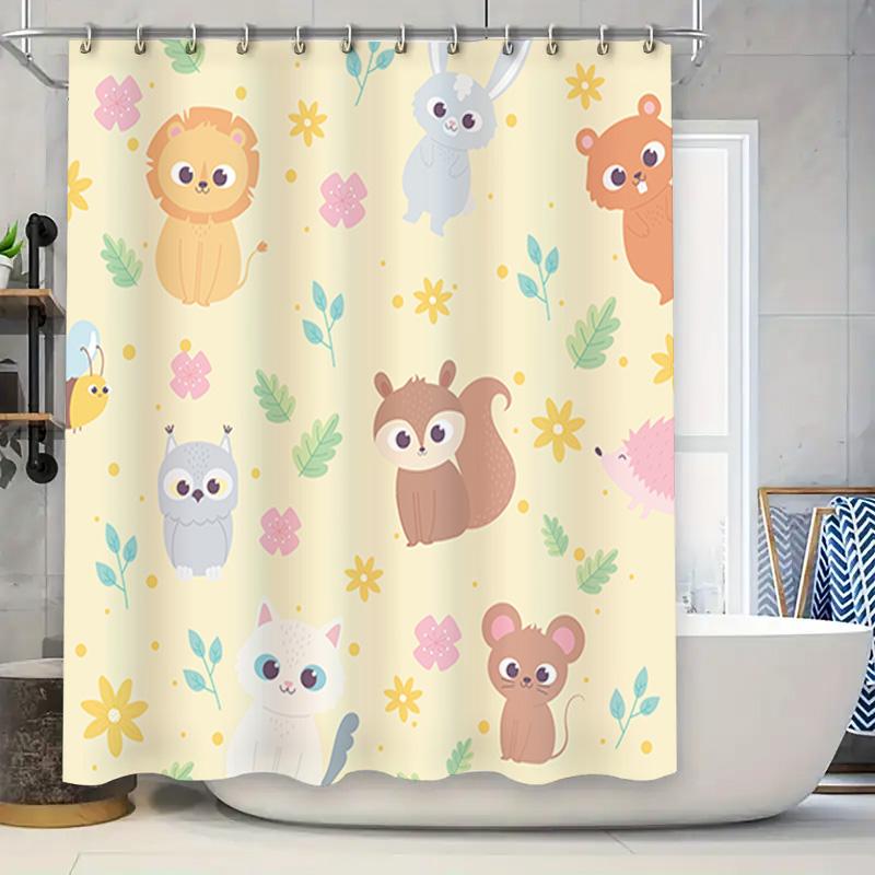 

Adorable Animal Print Shower Curtain Set Bathroom Decor Home Decoration Yellow White Floral Pattern Design With Cute Cartoon Ani W60H190(CM)-1 Pcs