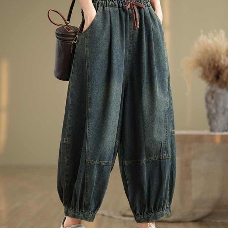 Women's Autumn Elastic Waist Slimming Harem Pants Loose Versatile Nine-Point Pants Retro Plus Size Distressed Denim Jeans