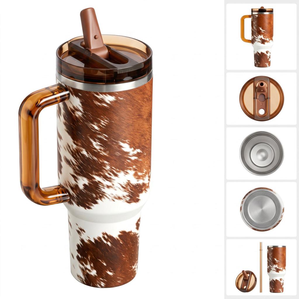 Tumbler met Handvat, 40 oz Koeienprint Roestvrij Staal Reismok, Grote Capaciteit Beker voor Warme en Koude Dranken