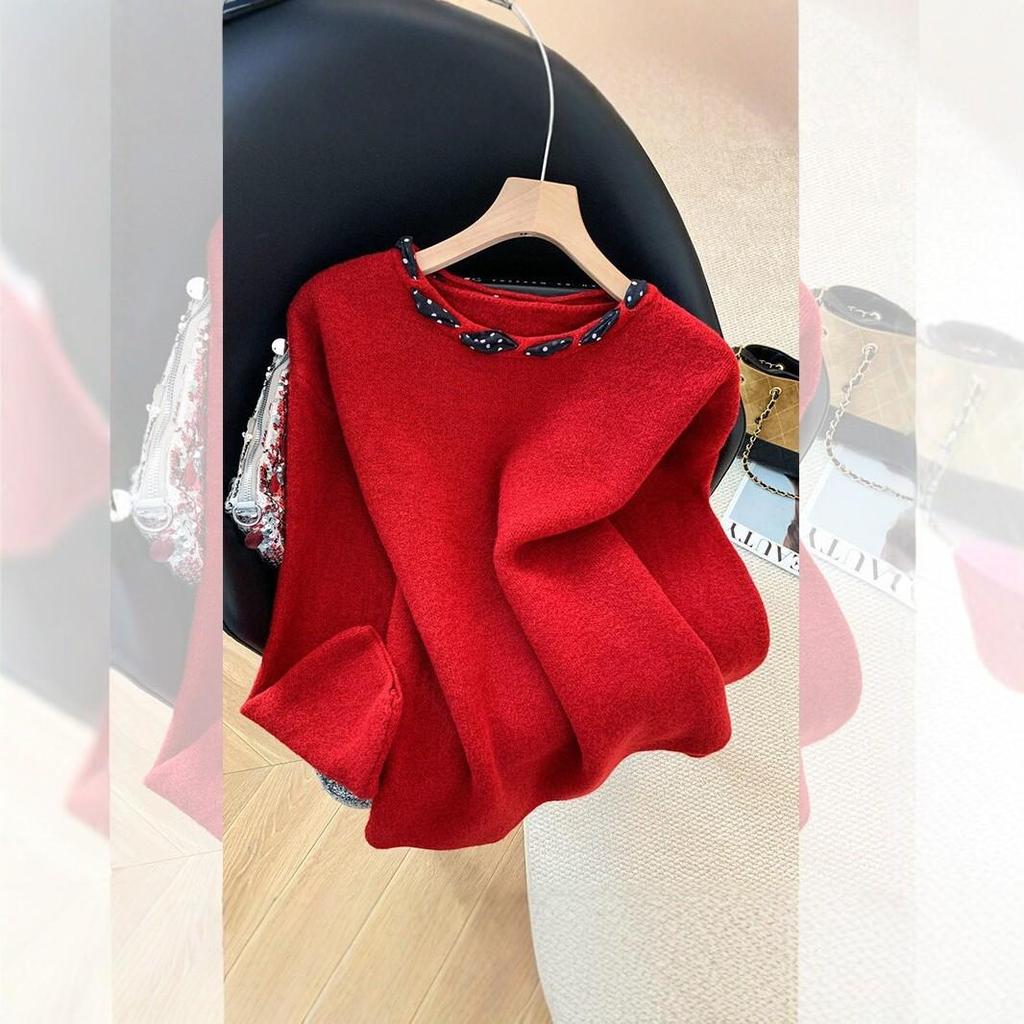 Elegant Red Lace-Up Bow Sweater for Women – Soft Knit Top for Autumn & Winter