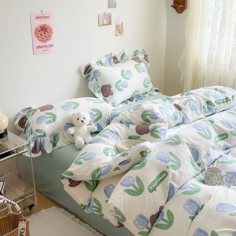 Ins Girl Bedding Set Heart Cherry Duvet Set With Double Layer Yann Pink Four PIECE Set Simple Washing Cotton Bed Sheet Bed Sheet