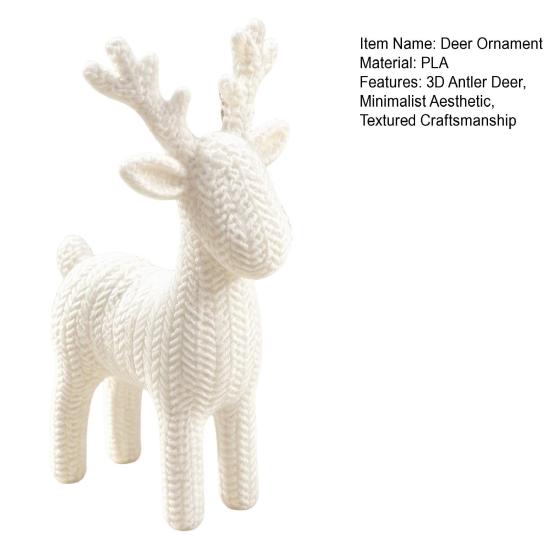 Minimalist Christmas Home Decor 3D Antler Deer Ornament for Decor, White Knitted Modern Winter Wonderland Texture Tabletop Figurine Holiday