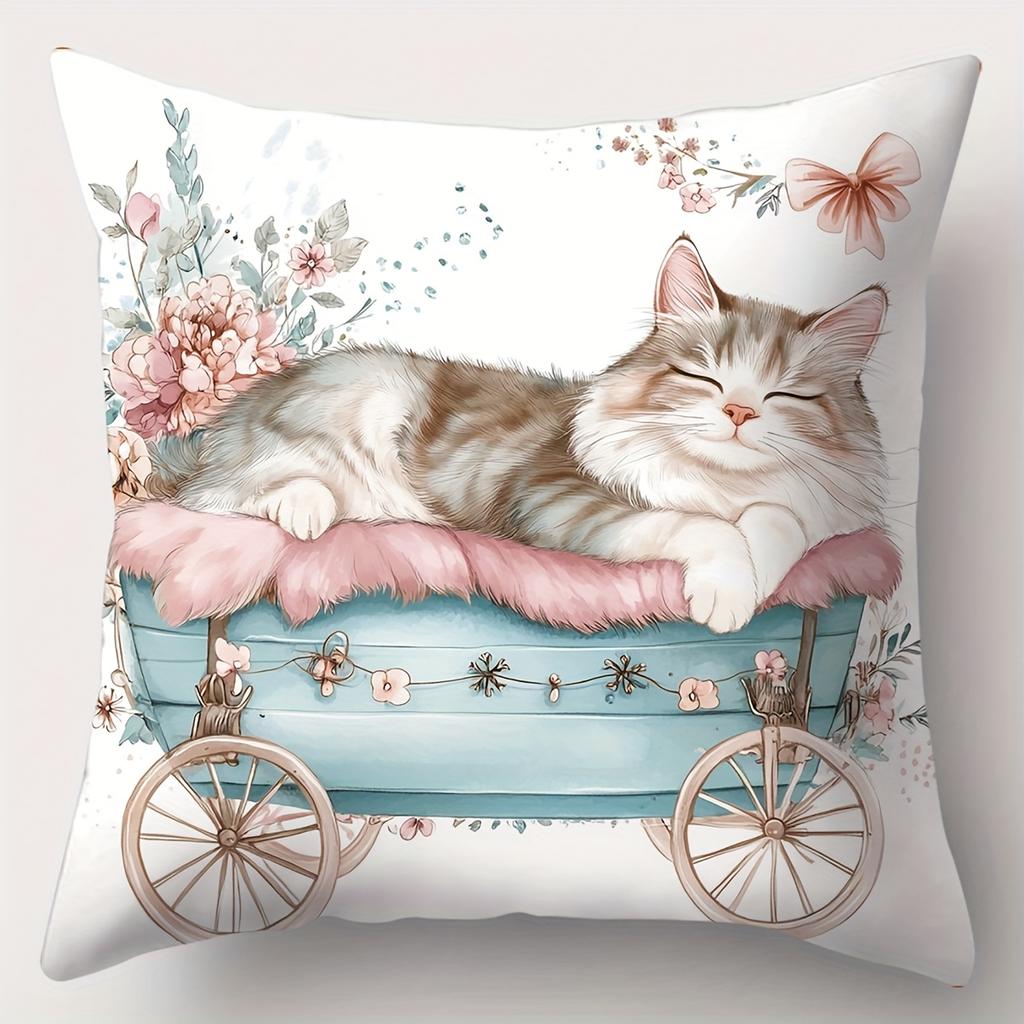 Cute Cat Floral Printed Cushion Pillow Home Decor Polyester Pillowcase, Sofa Decorative Cushion Cov Headboard Pillow