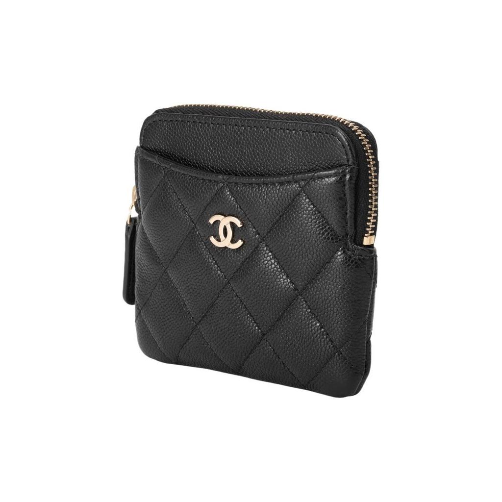 Chanel Doppel-C-Logo Diamantmuster und Litschi-Körnung Leder Handtasche Kartenhalter Geldbörse Damen Schwarz