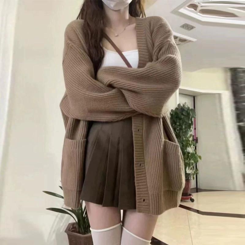 Korean Fashion Female Lazy Wind Loose Fitting V-neck Cardigan Knitting Sweater Women New Korean Cardigans Knitwear Tops Coat