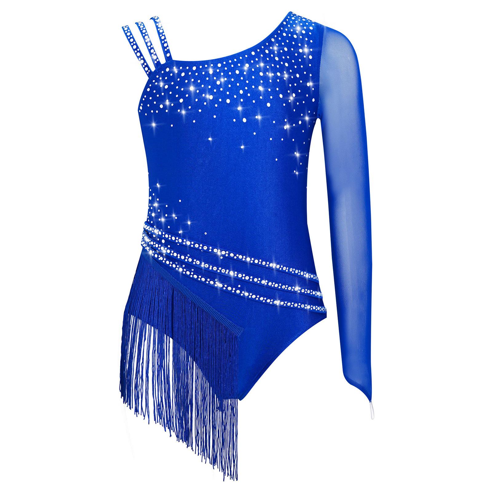 Inlzdz Meisjes glitterend strass franje leotard body met onregelmatige kwastjes voor schaatsen danswedstrijden 9-10 Years blauw