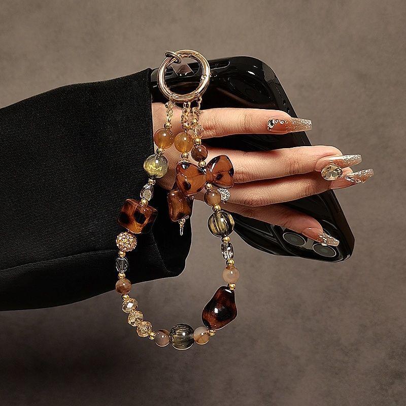 Fashion Vintage Leopard Print Beaded Phone Lanyard With Crystal Waterfall For Women And Men