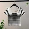 Short U-shaped Collar Short-sleeved Striped Sweater Clavicle Women's Summer Fashion Slim Short-sleeved New Bottoming Top