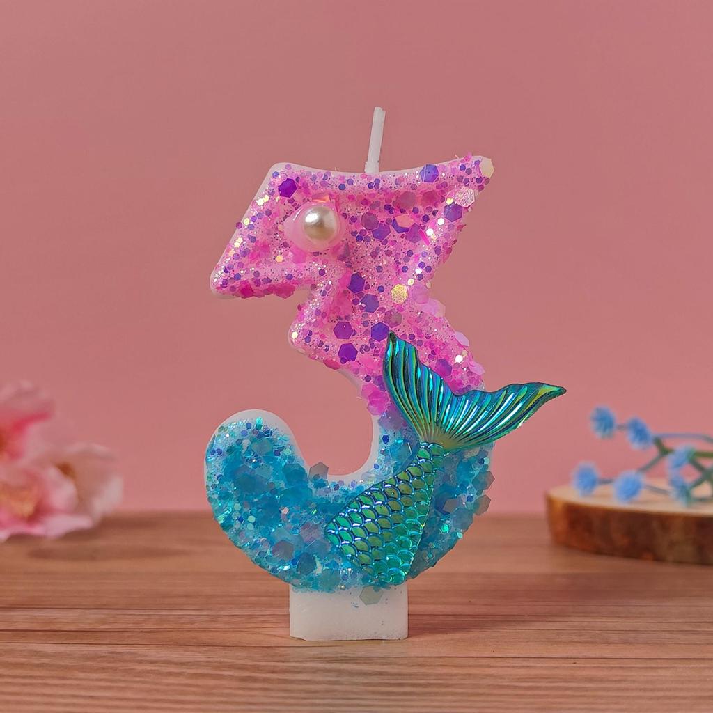 Handmade Ocean Mermaid Pearl Candle Numbers - Birthday Cake Decoration for Girl's First Birthday