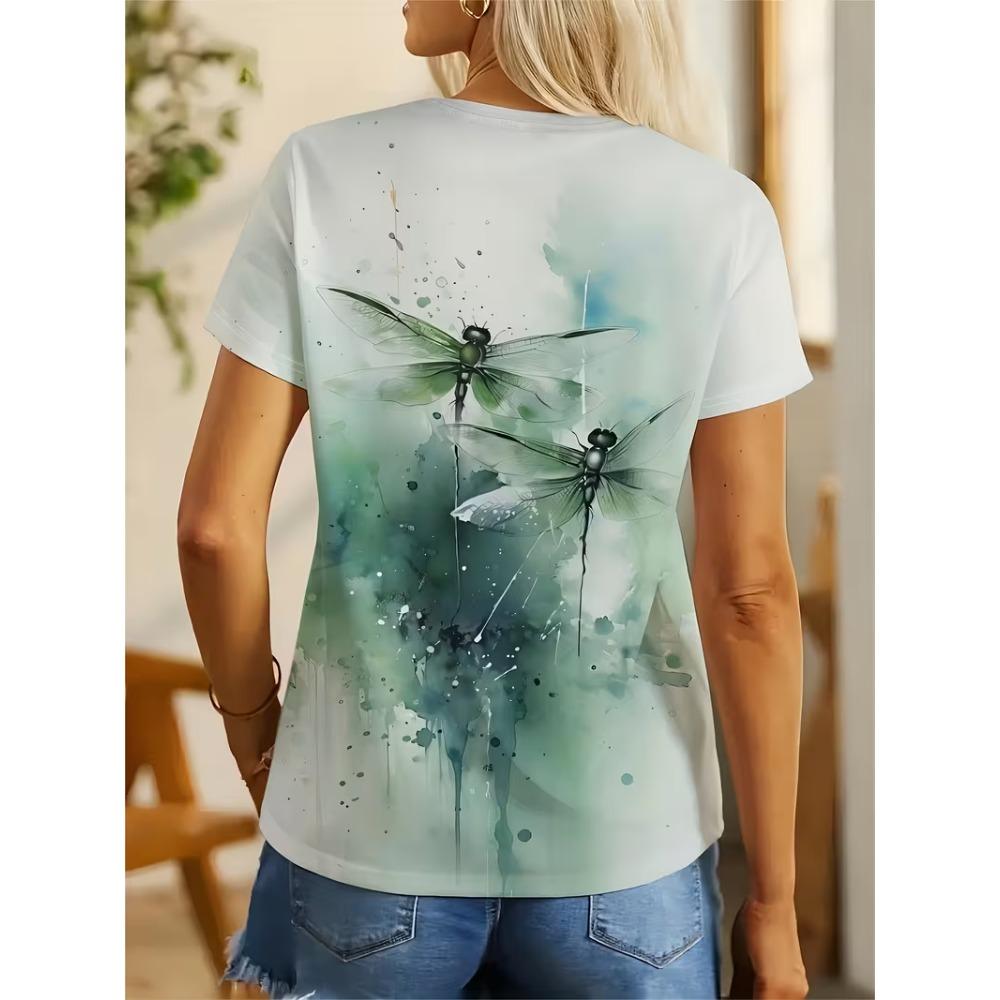 Trendy new women's printed short sleeve T-shirt with dragonfly pattern, suitable for everyday wear