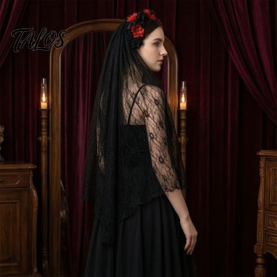 Black Lace Veil Headband Gothic Style Hair Hoop, Hollow See-Through with Simulated Flowers And Photo Accessory Veil, Halloween Day of The Dead
