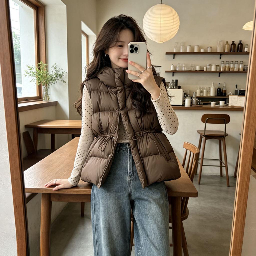 European winter new down cotton drawstring cotton vest women's medium and long warm waist slim vest jacket